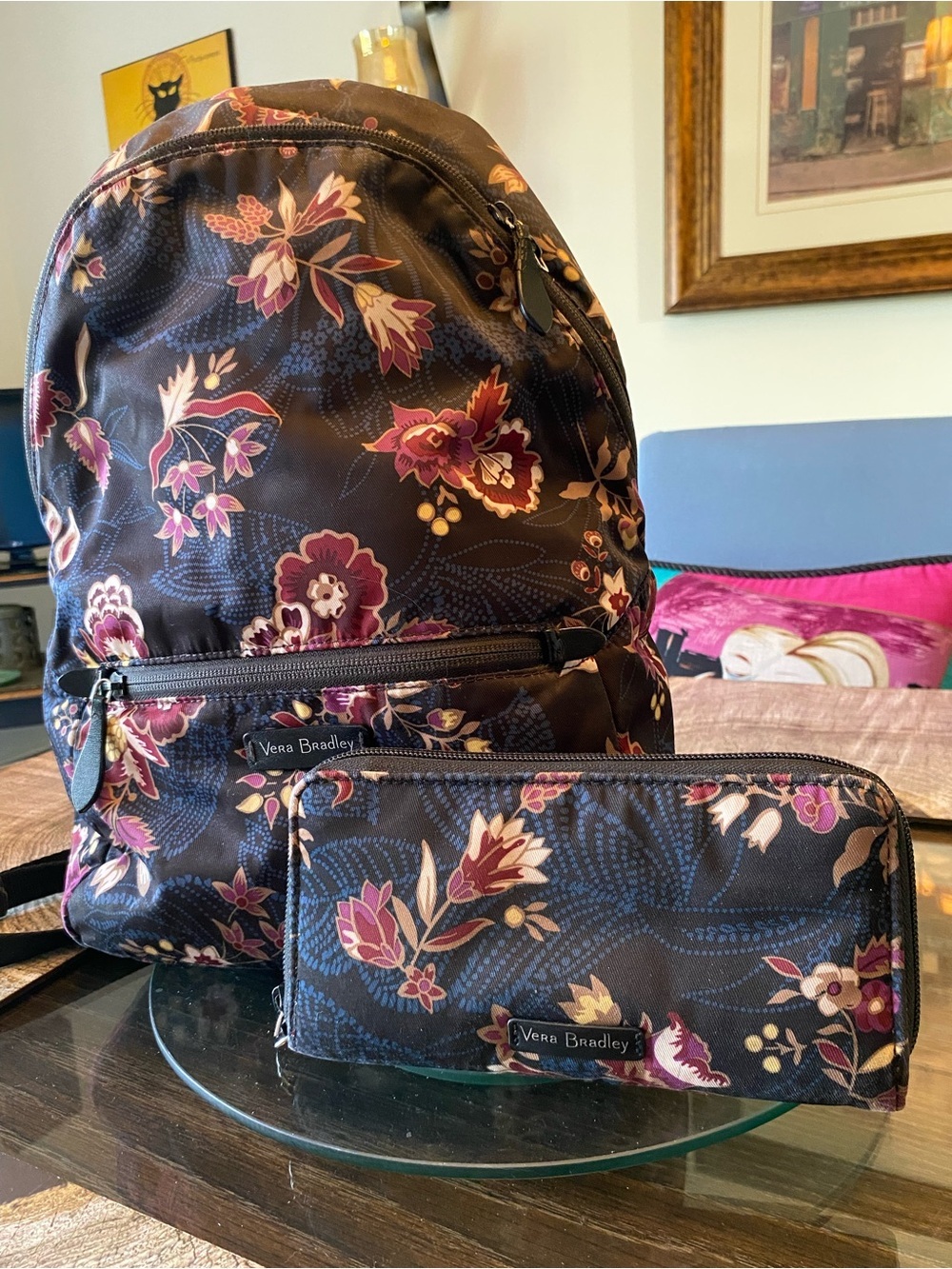 Vera Bradley Quilted Floral Backpack and Wallet in Brown with Pink Accents - Picture 2 of 8